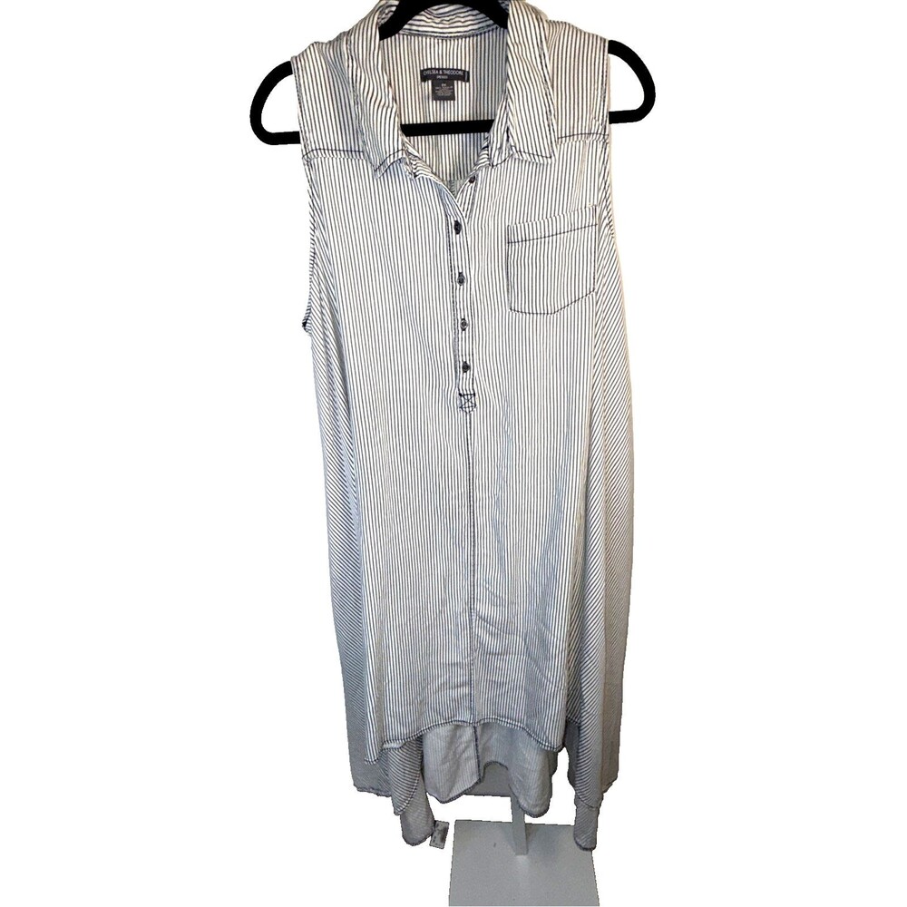 Chelsea & Theodore Striped Shirt Chambray Oversized Dress Q Button 2X High Low